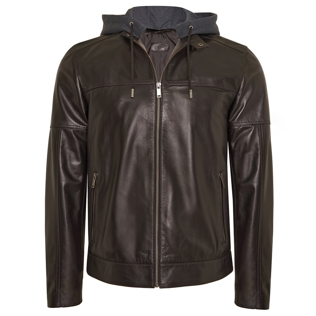 Luigi Kahve Erkek Deri Kapüşonlu Mont