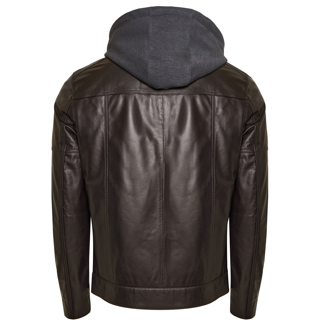 Luigi Kahve Erkek Deri Kapüşonlu Mont