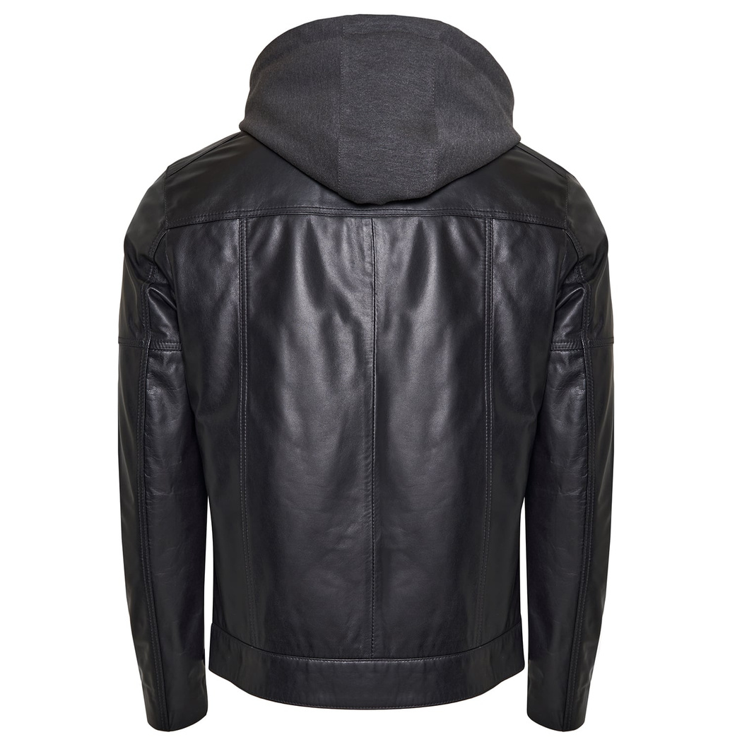 Luigi Siyah Erkek Deri Kapüşonlu Mont