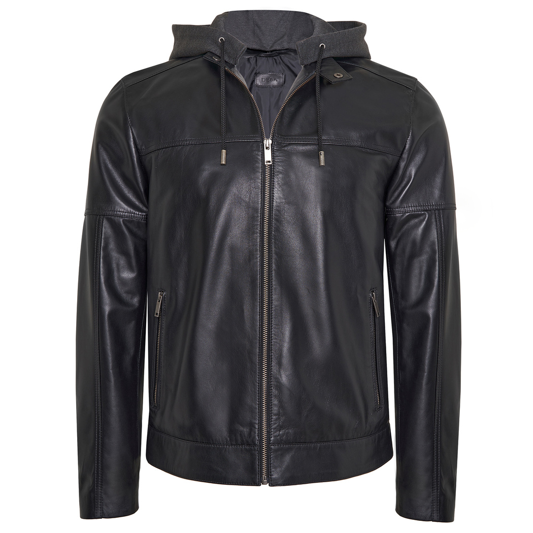 Luigi Siyah Erkek Deri Kapüşonlu Mont