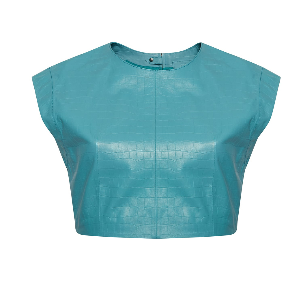 Luna Turkuaz Kadın Kroko Baskılı Deri Crop Top