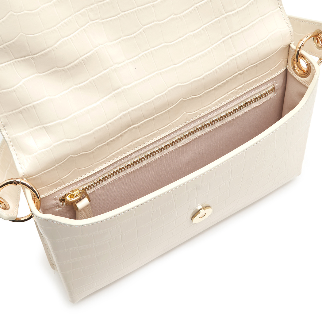 Marimari Ekru Kadın Kroko Baskılı Rugan Deri Omuz Çantası 