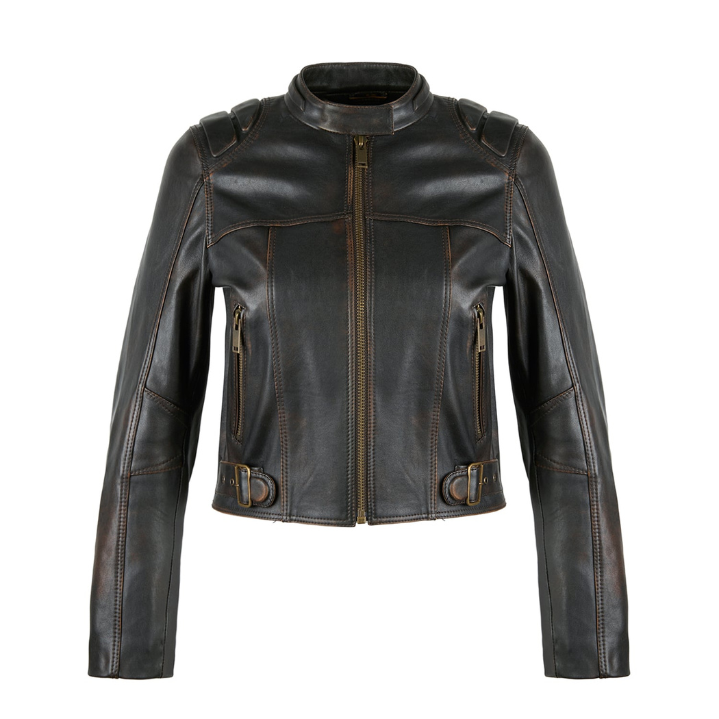 Meline Kahve Kadın Deri Biker Ceket