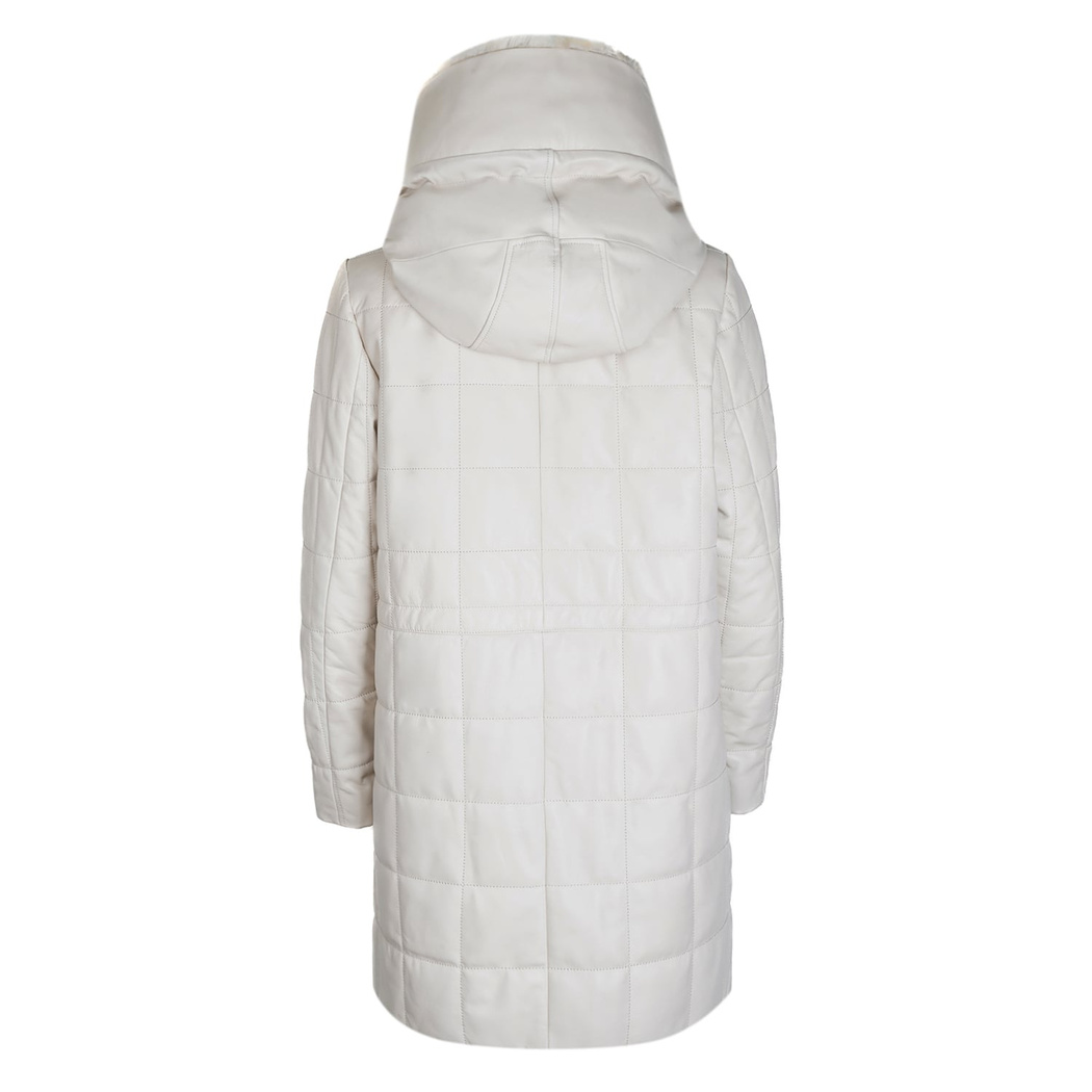 Mita Krem Kadın Kapüşonlu Deri Puffer Kaban