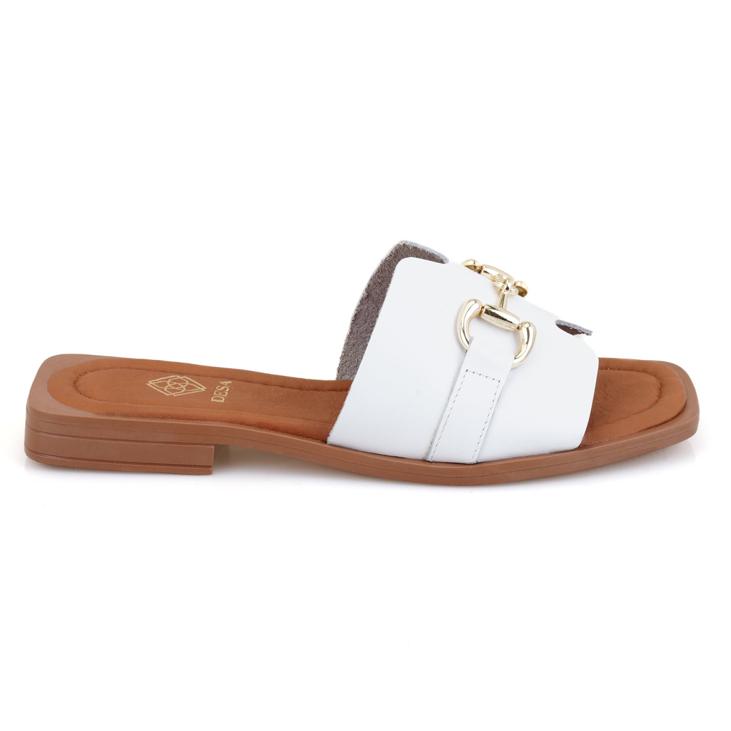 Riana Beyaz Kadın Toka Aksesuarlı Deri Terlik