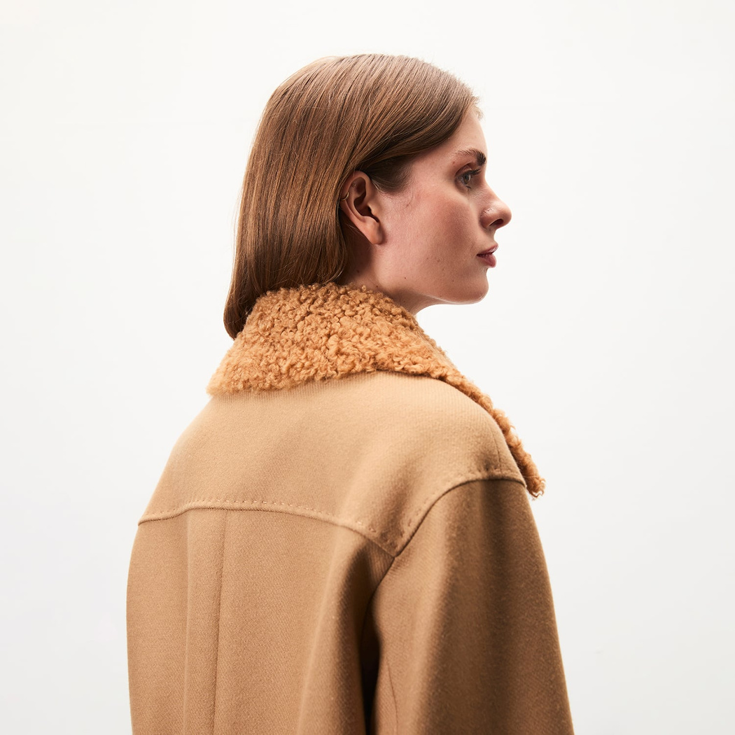 Rigella Kahve Yakası Kürklü Kadın Biker Ceket