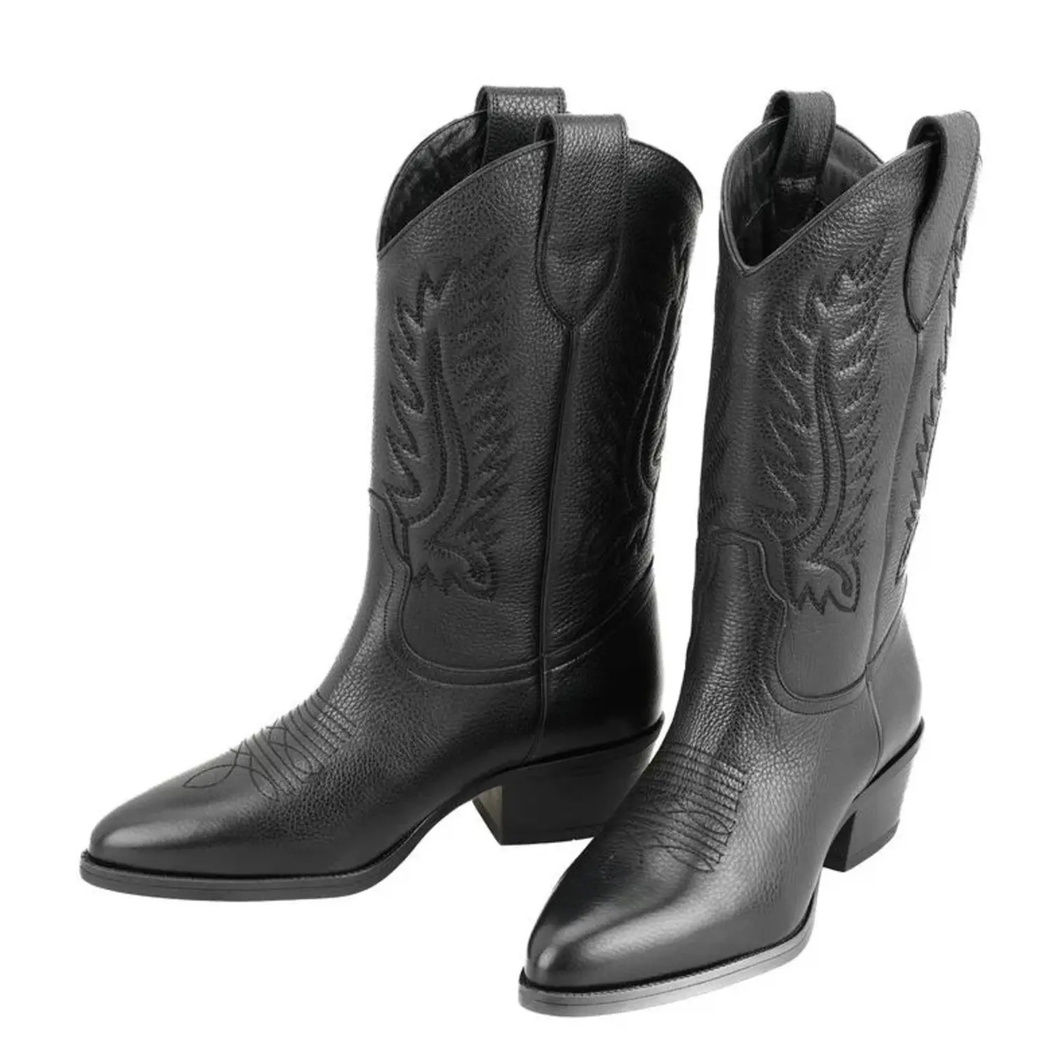 Rio Siyah Kadın Desenli Deri Kovboy Çizmesi