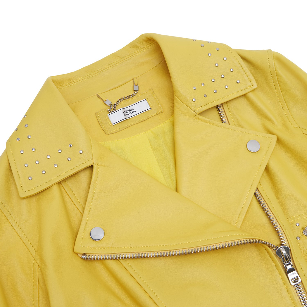 Sarı Belina Kadın Biker Deri Ceket