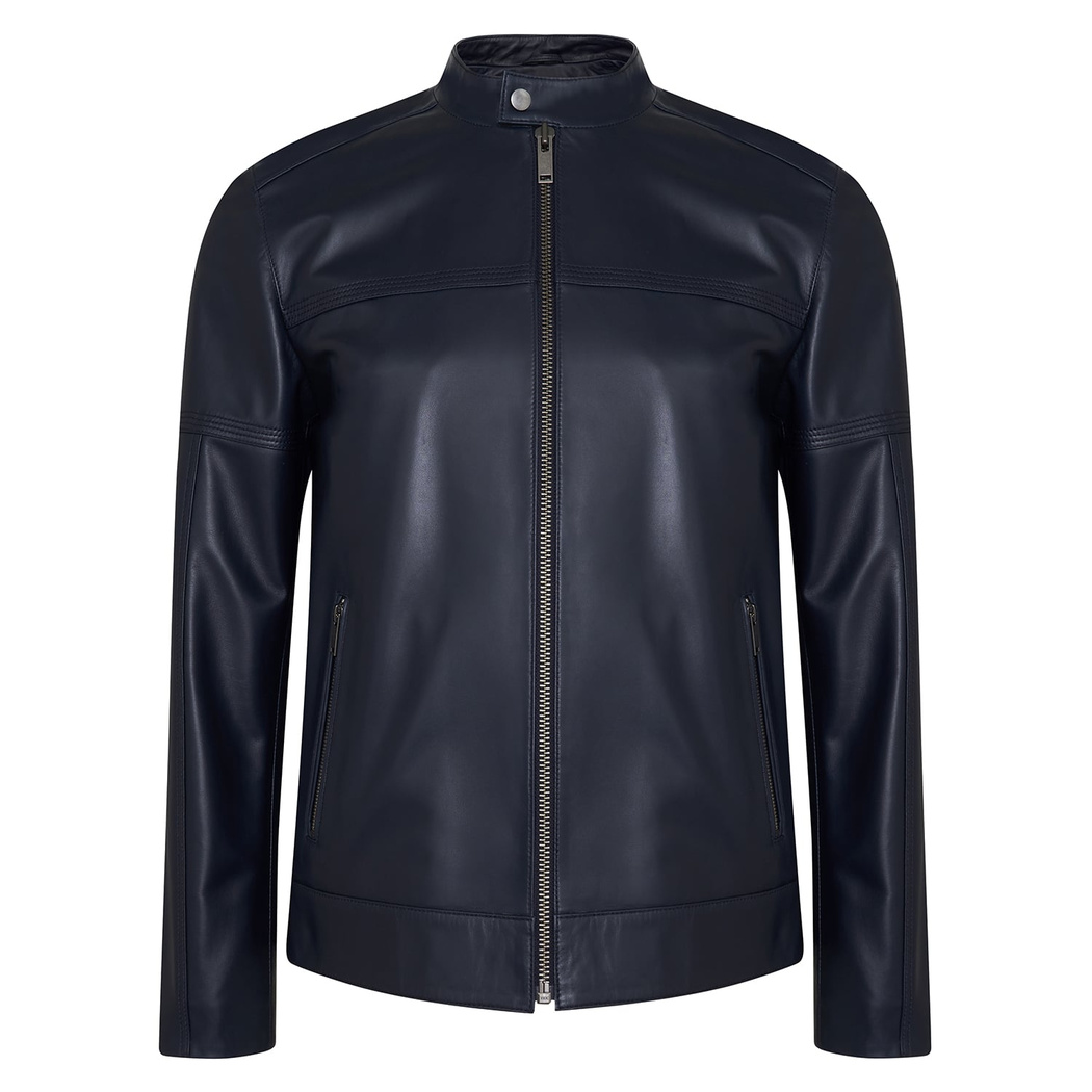 Selino Lacivert Erkek Kapüşonlü Deri Mont