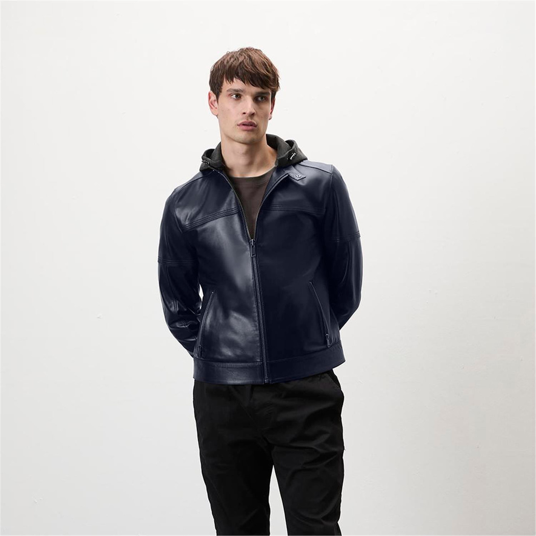 Selino Lacivert Erkek Kapüşonlü Deri Mont