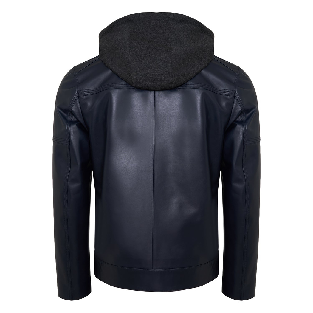 Selino Lacivert Erkek Kapüşonlü Deri Mont