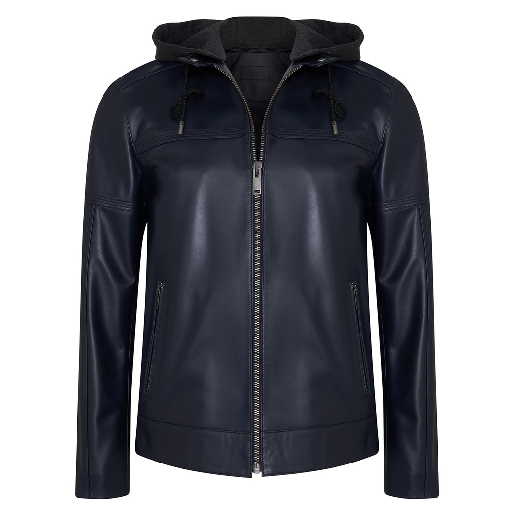 Selino Lacivert Erkek Kapüşonlü Deri Mont