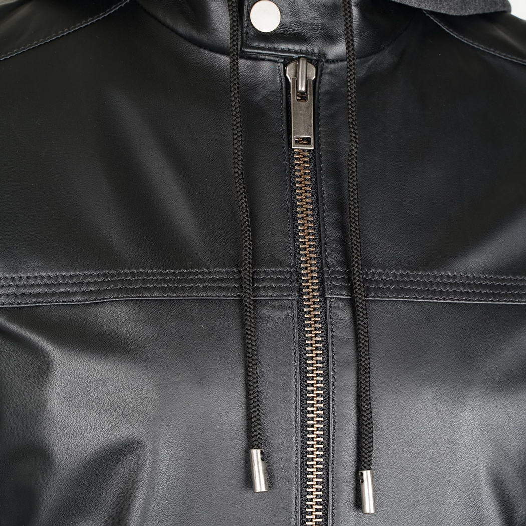 Selino Siyah Erkek Kapüşonlü Deri Mont