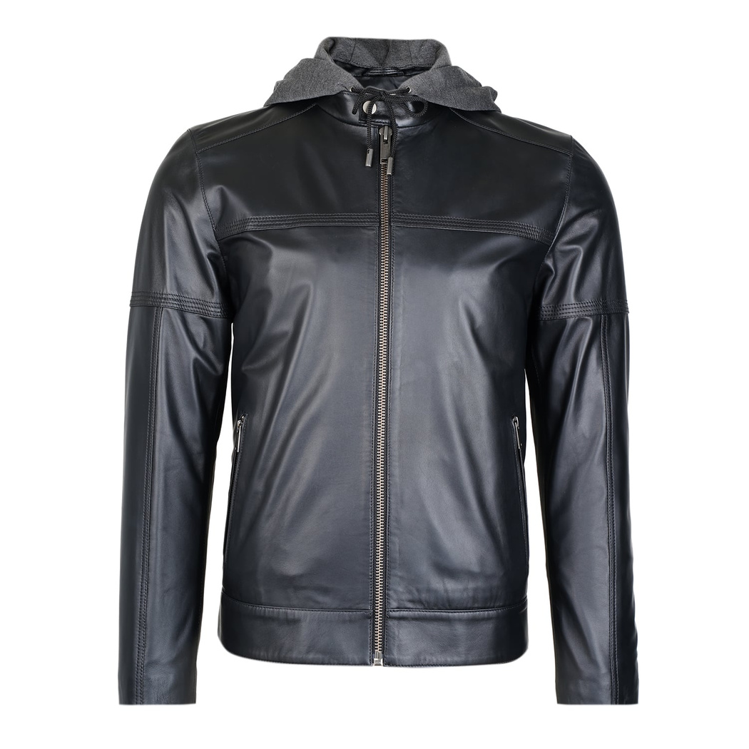 Selino Siyah Erkek Kapüşonlü Deri Mont