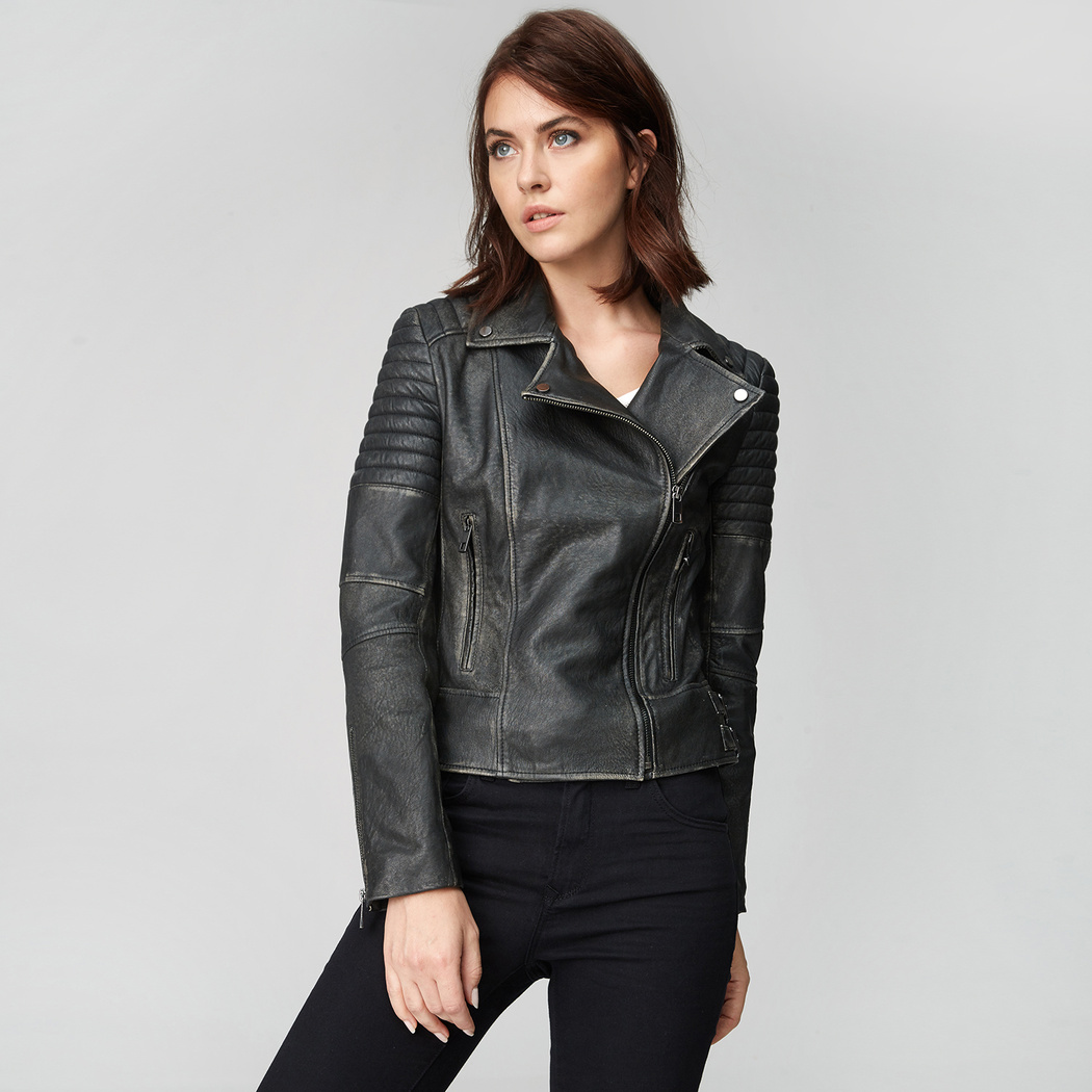 Siyah Bonita Kadın Deri Biker Mont