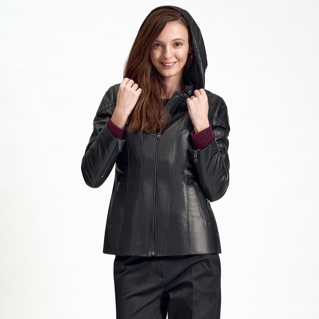 Siyah Dayra Kadın Deri Mont