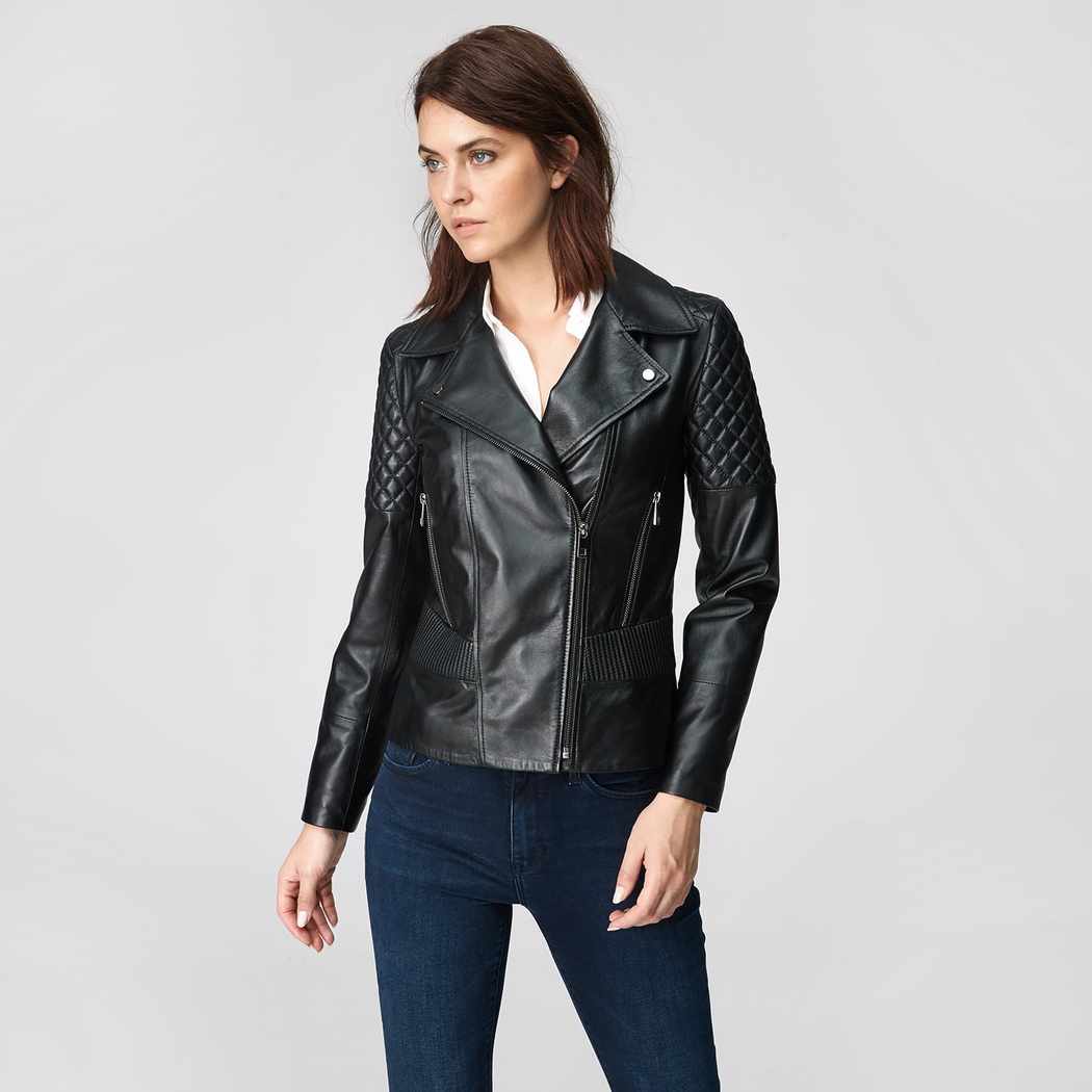 Siyah Delma Kadın Deri Biker Mont