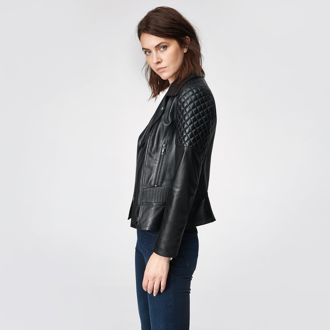 Siyah Delma Kadın Deri Biker Mont
