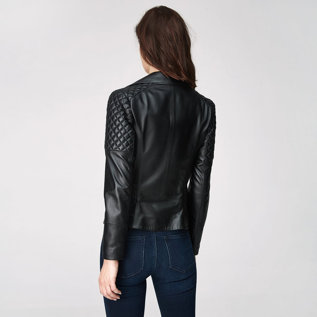 Siyah Delma Kadın Deri Biker Mont