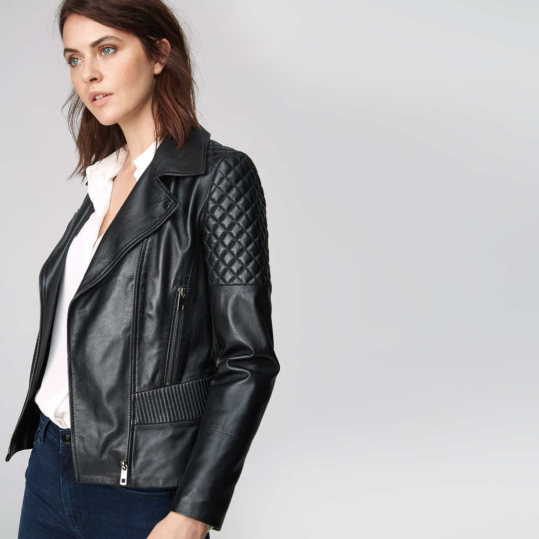 Siyah Delma Kadın Deri Biker Mont