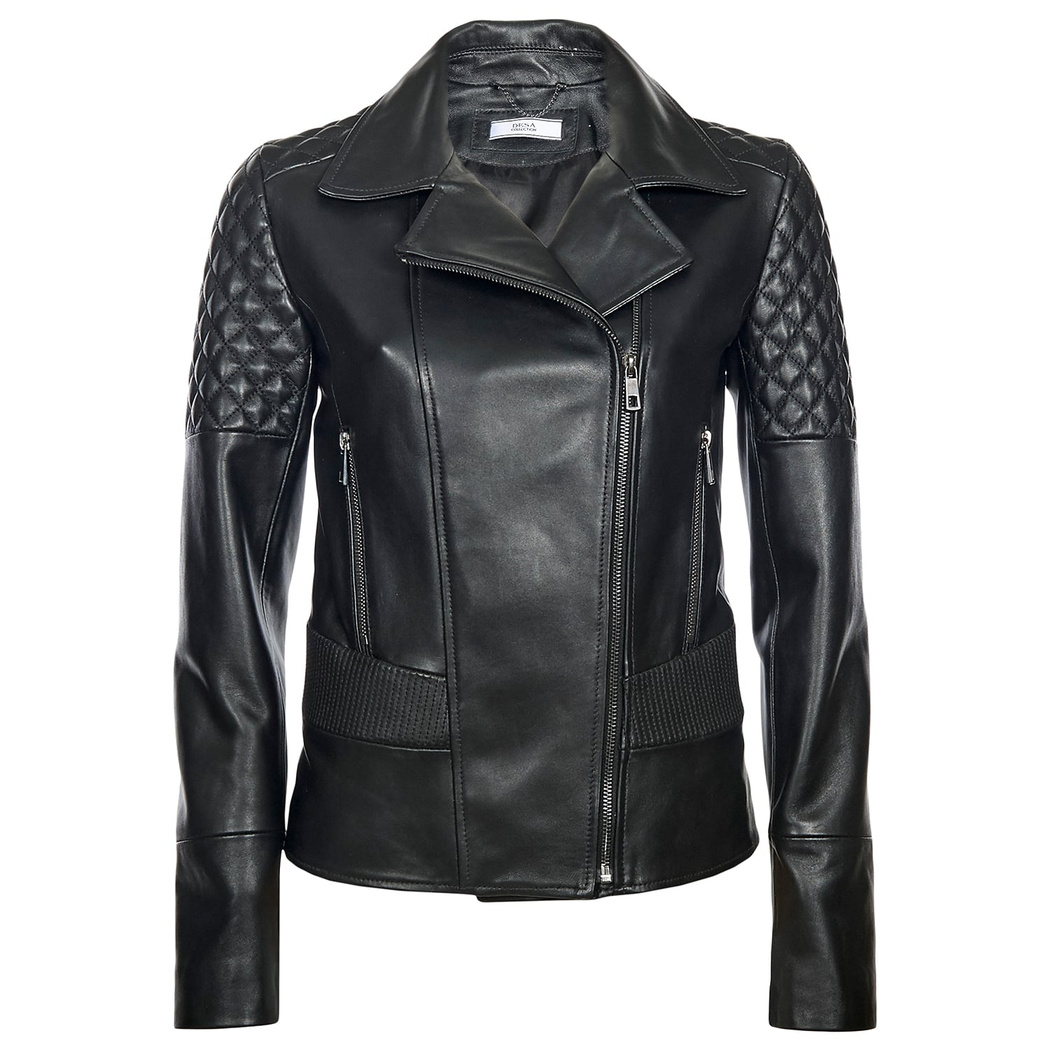 Siyah Delma Kadın Deri Biker Mont