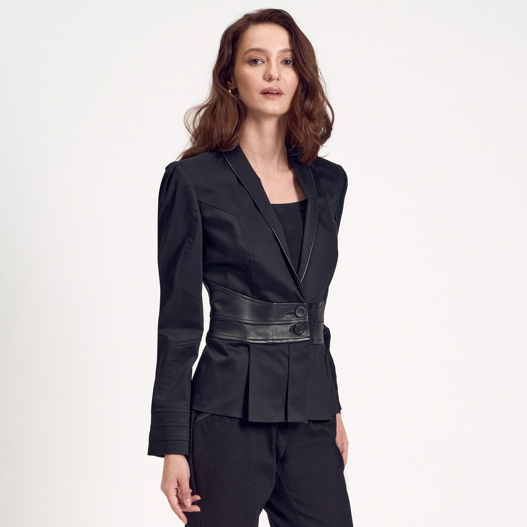 Siyah Deri Detaylı Kadın Ceket