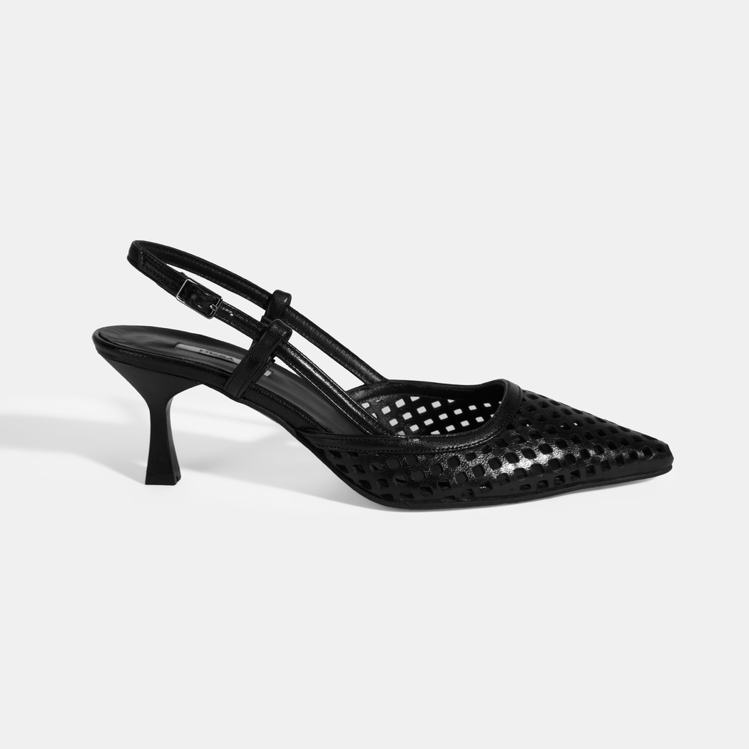 Siyah Kadın Perforeli Slingback Deri Topuklu Ayakkabı