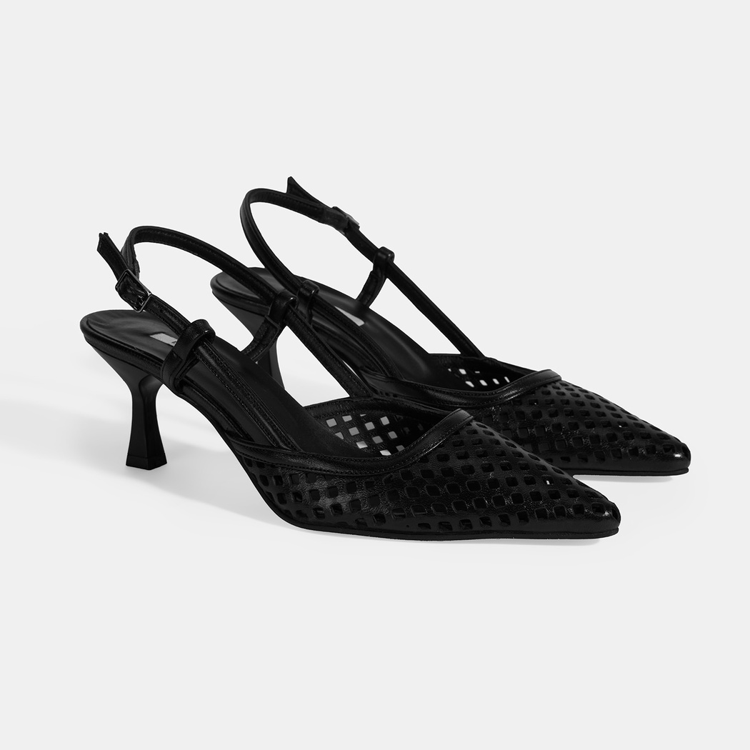 Siyah Kadın Perforeli Slingback Deri Topuklu Ayakkabı