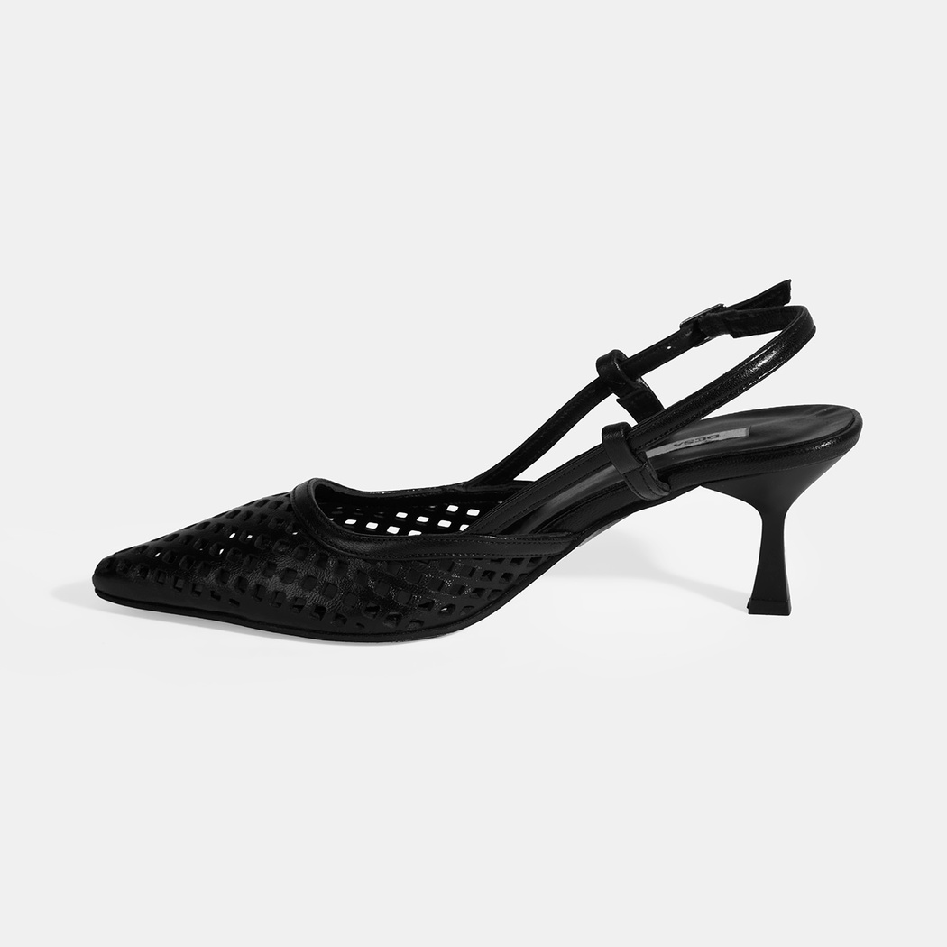 Siyah Kadın Perforeli Slingback Deri Topuklu Ayakkabı