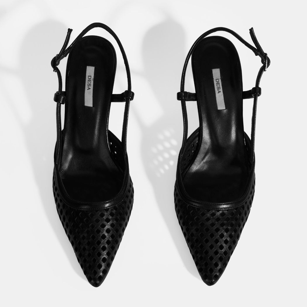 Siyah Kadın Perforeli Slingback Deri Topuklu Ayakkabı