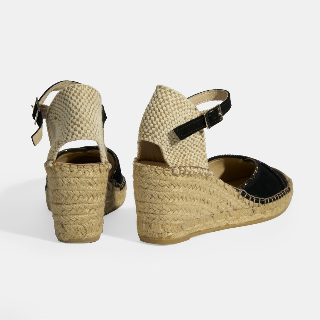 Siyah Kadın Toka Aksesuarlı Taş Detaylı Dolgu Topuklu Süet Espadril