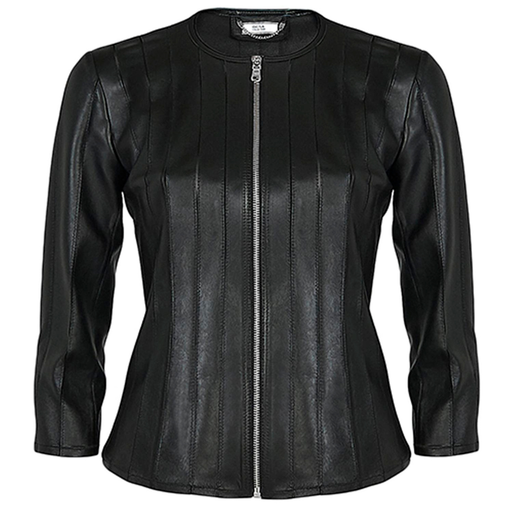 Siyah Menilis Kadın Panelli Deri Biker Mont