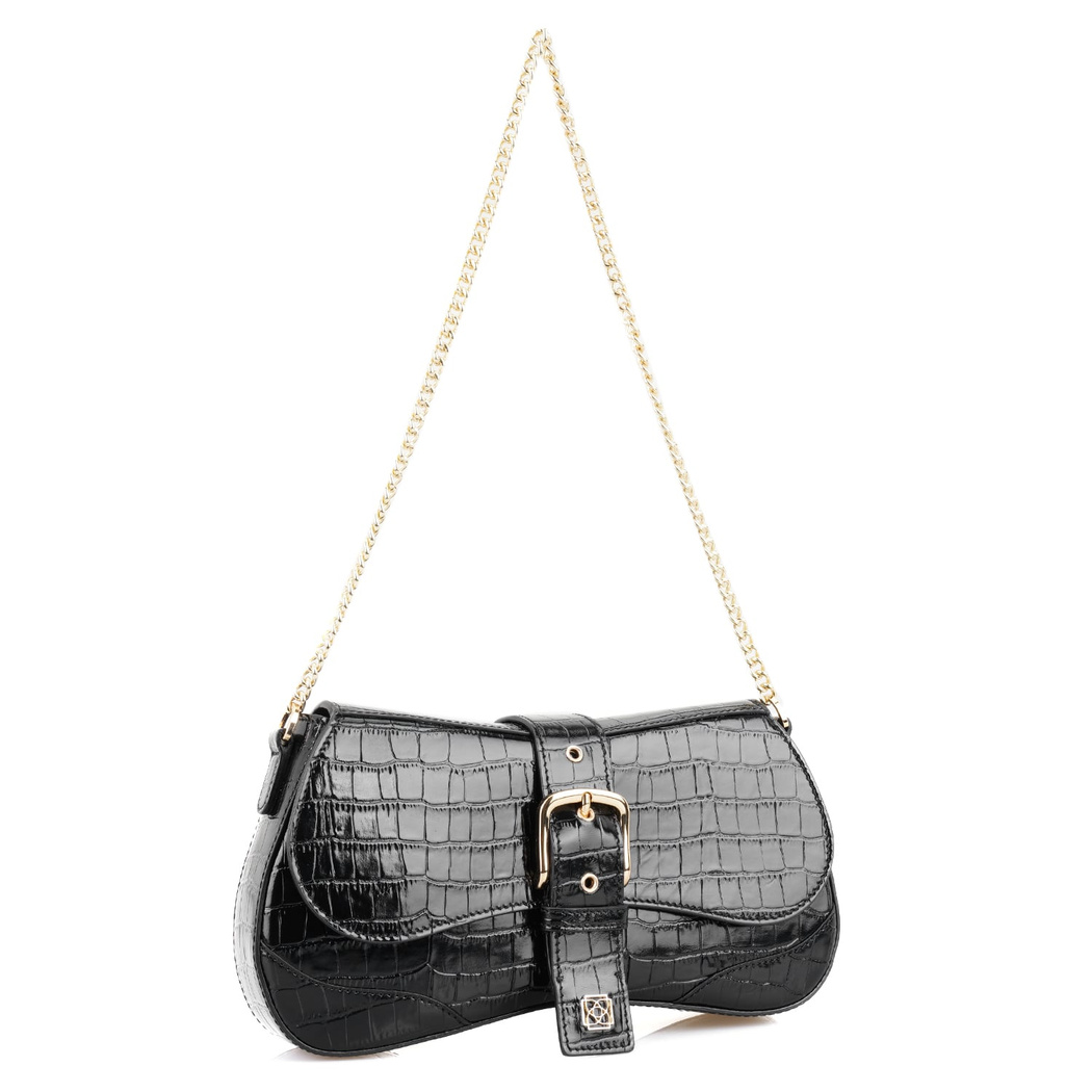 Stengel Siyah Kadın Kroko Baskılı Deri Omuz Çantası
