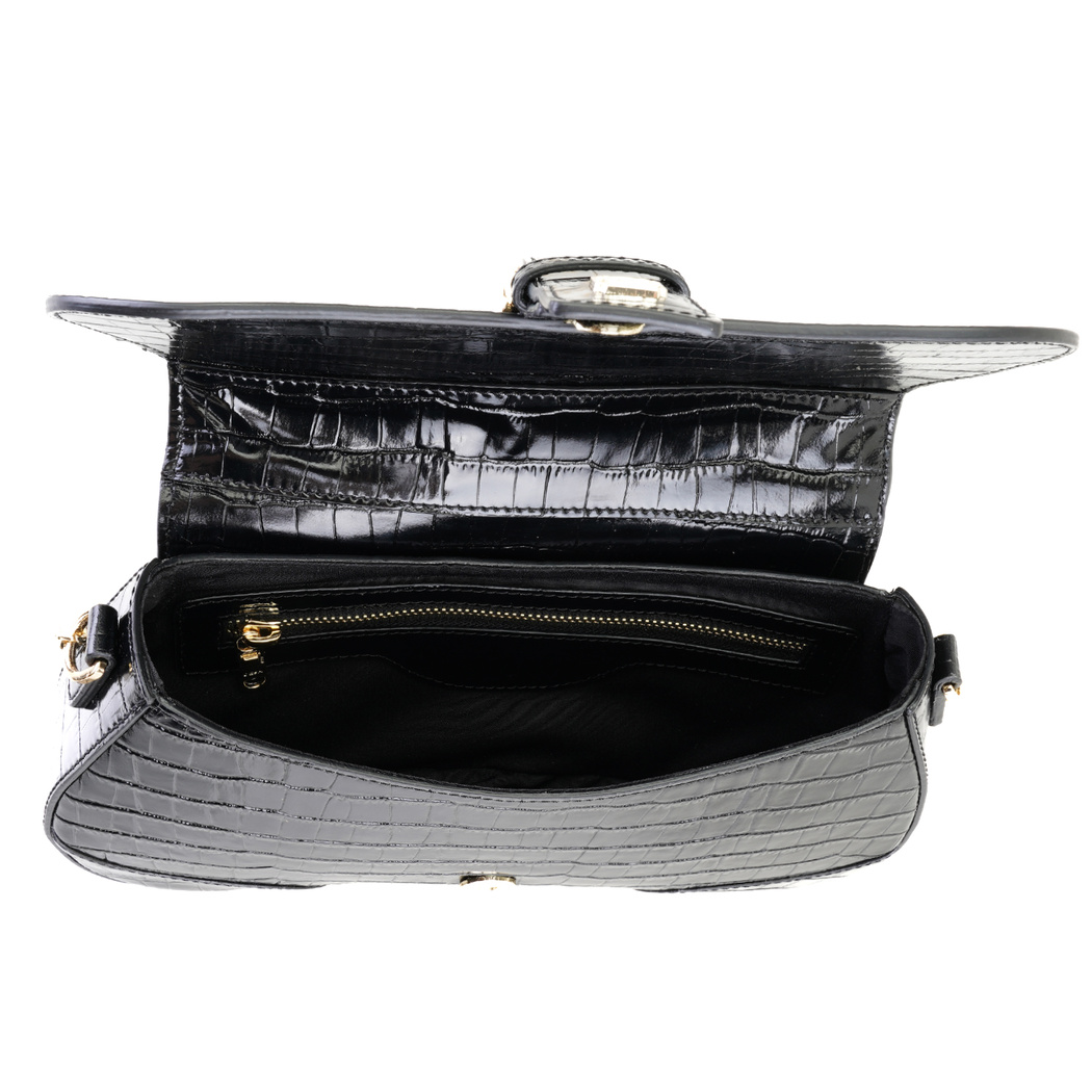 Stengel Siyah Kadın Kroko Baskılı Deri Omuz Çantası