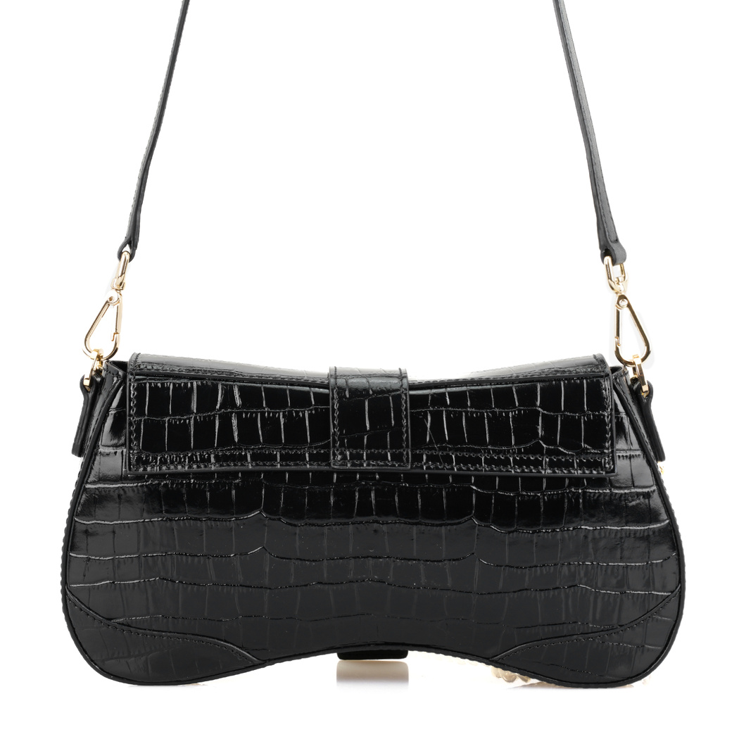 Stengel Siyah Kadın Kroko Baskılı Deri Omuz Çantası