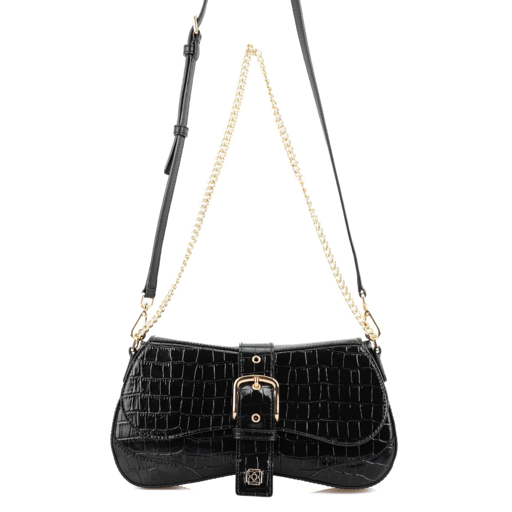 Stengel Siyah Kadın Kroko Baskılı Deri Omuz Çantası