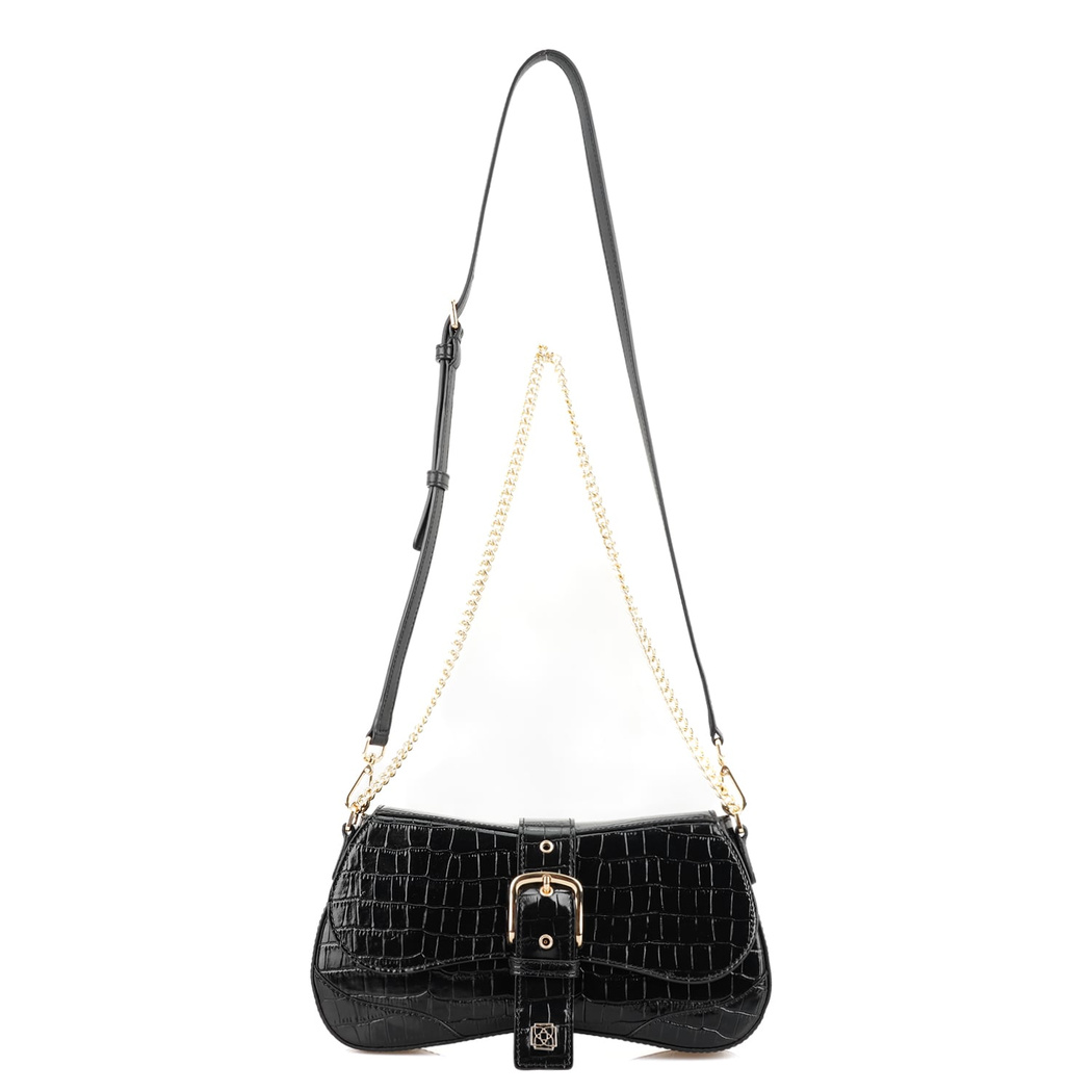 Stengel Siyah Kadın Kroko Baskılı Deri Omuz Çantası