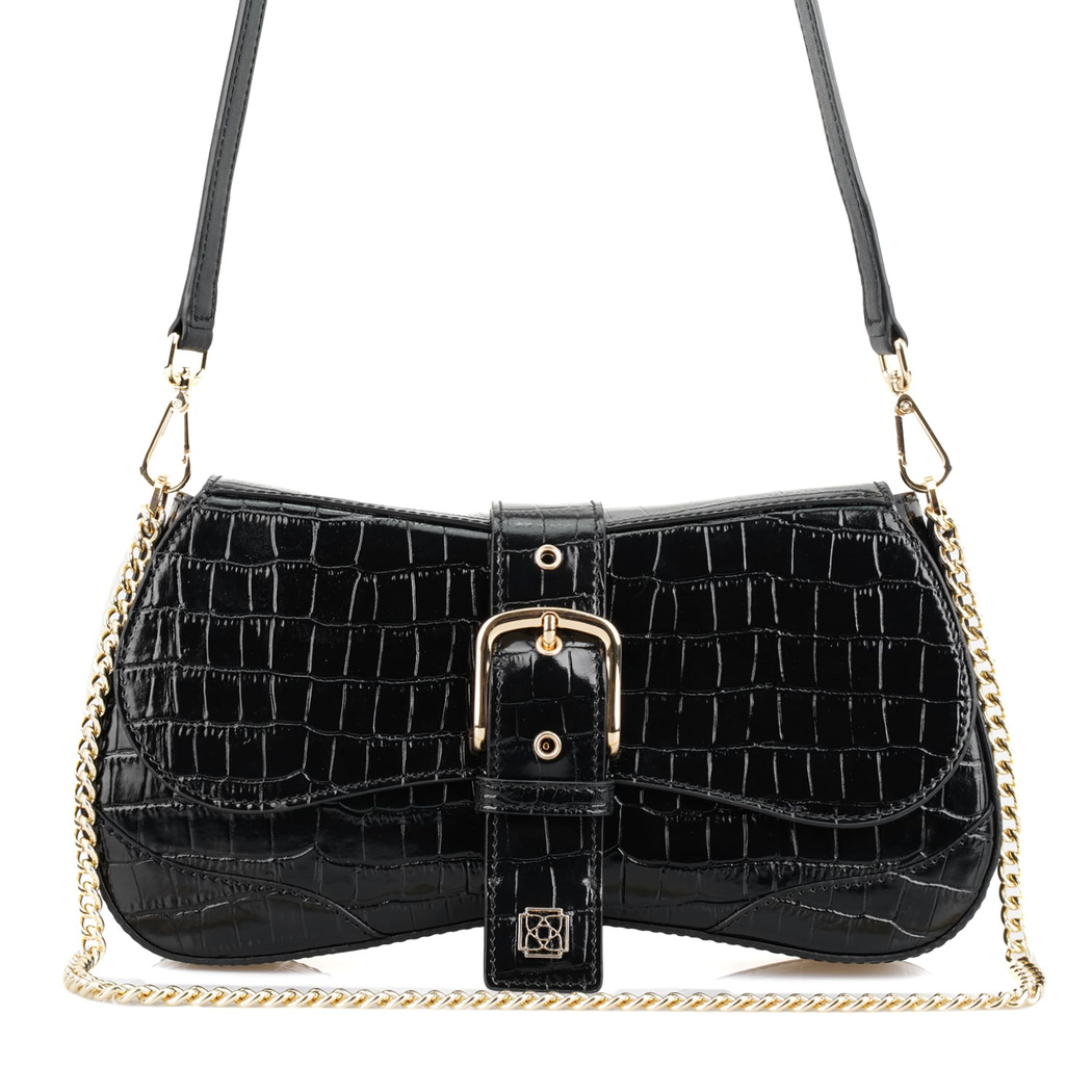 Stengel Siyah Kadın Kroko Baskılı Deri Omuz Çantası