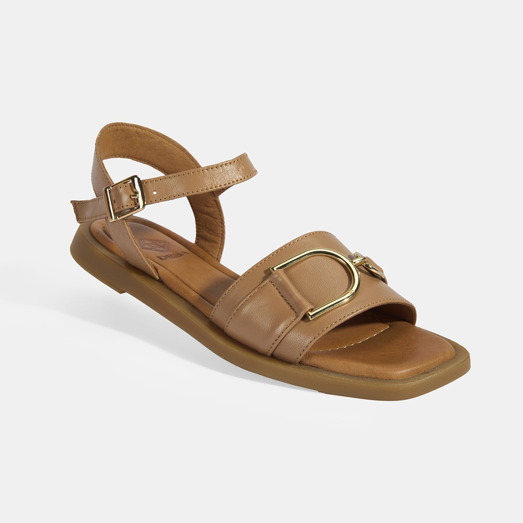 Taba Kadın Metal Aksesuarlı Ayarlanabilir Tokalı Deri Sandalet 