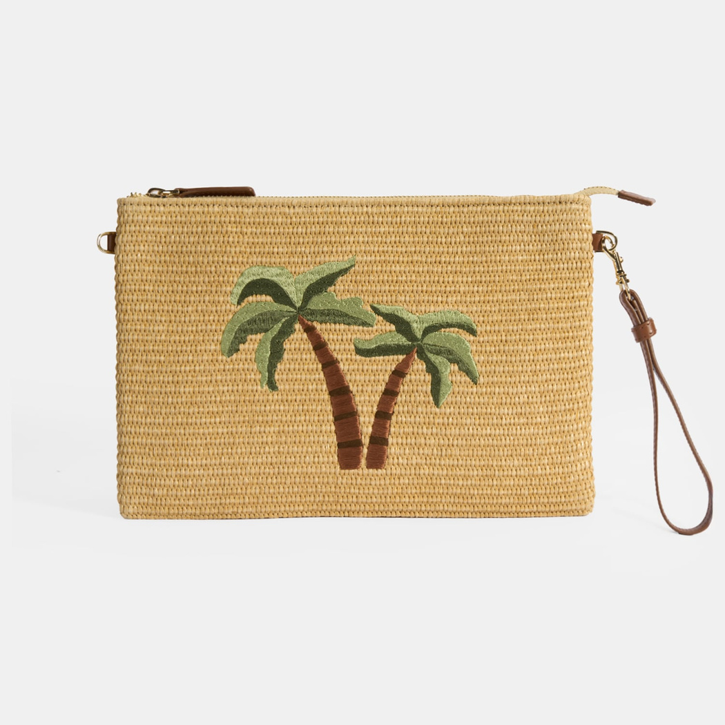Taba Palmiye Nakışlı Hasır Clutch