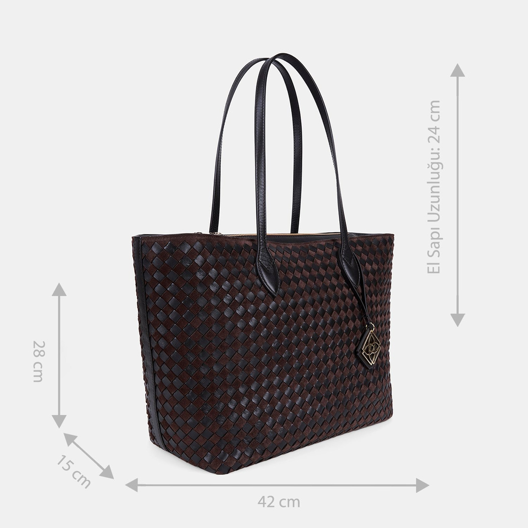 Unisex Acı Kahve El Örgüsü Süet Deri Shopper Çanta