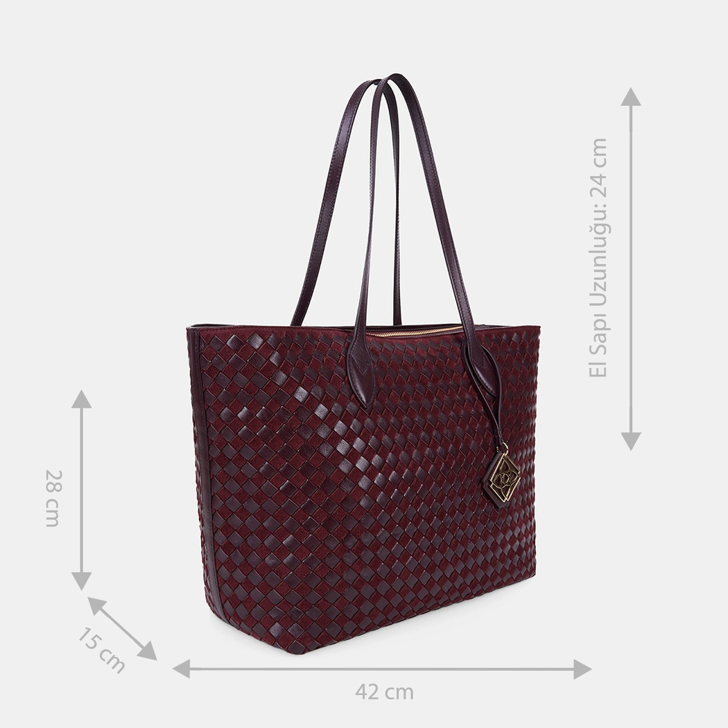 Unisex Bordo El Örgüsü Süet Deri Shopper Çanta