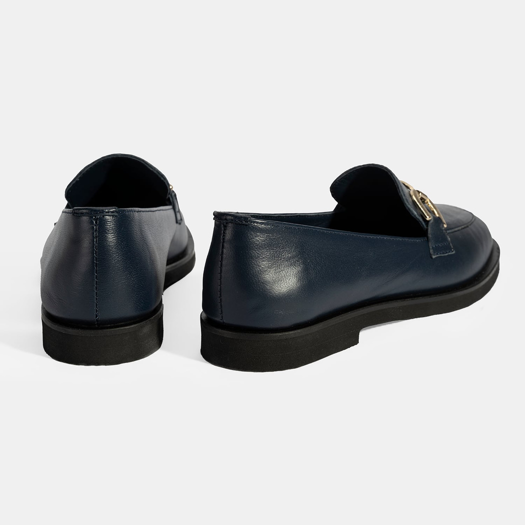 XXX Kadın Lacivert Metal Toka Aksesuarlı Deri Loafer