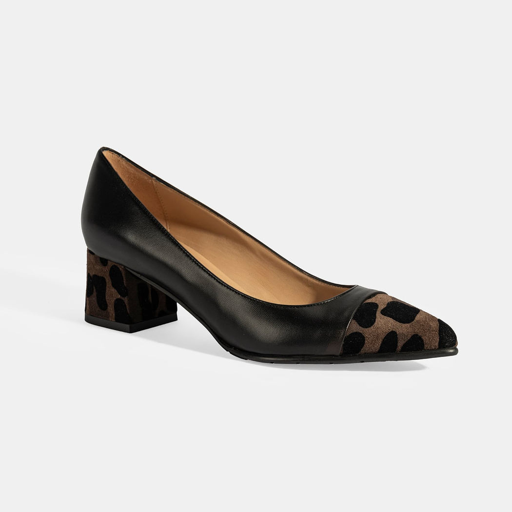 XXX Luca Grossi Kadın Siyah Leopar Detaylı Topuklu Deri Ayakkabı