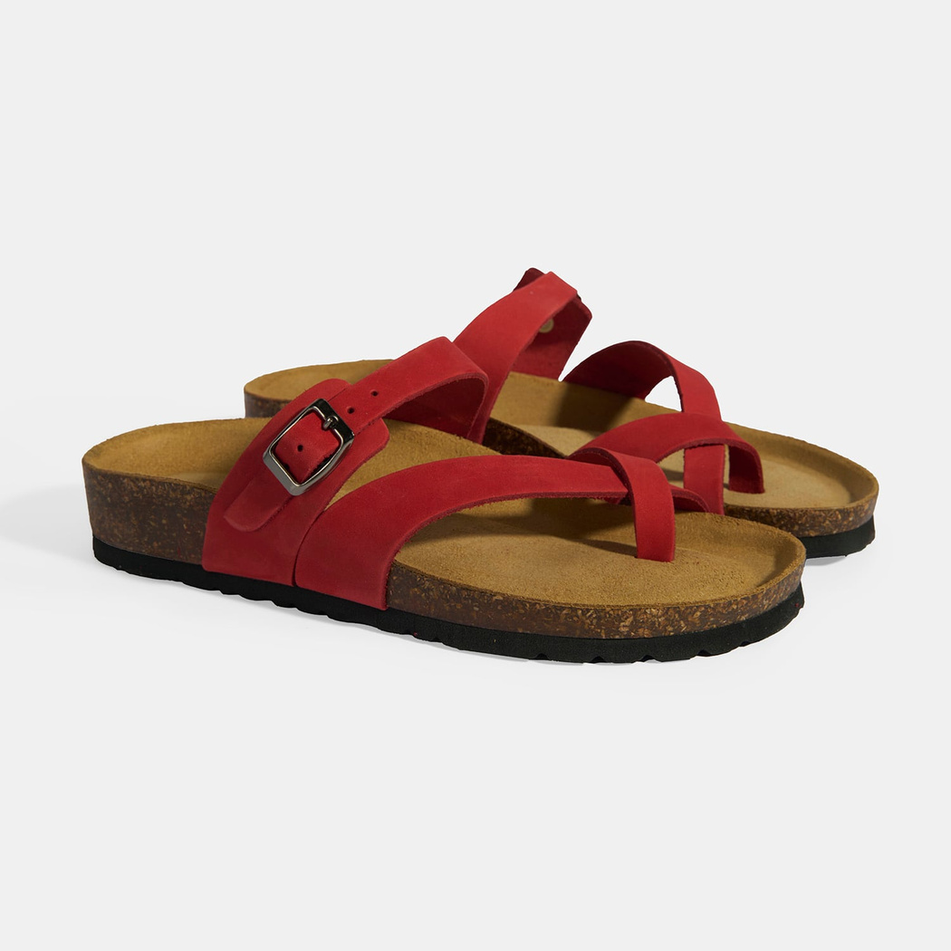 XXXKırmızı Kadın Toka Detaylı Parmak Arası Nubuk Terlik