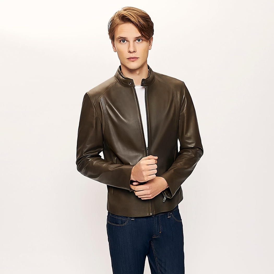 Yeşil Brando Erkek Deri Mont