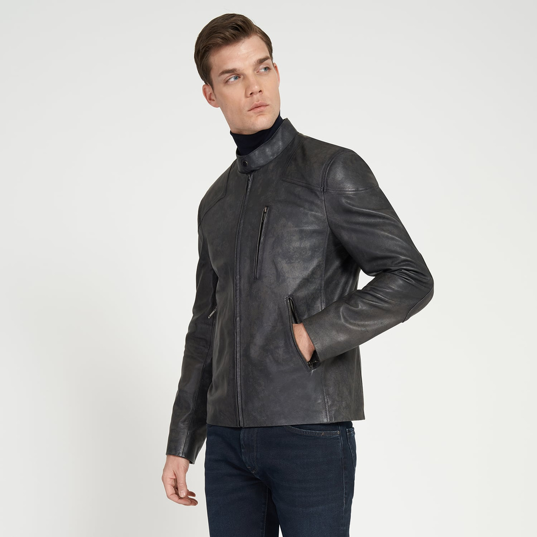 Zenon Lacivert Erkek Vintage Deri Ceket