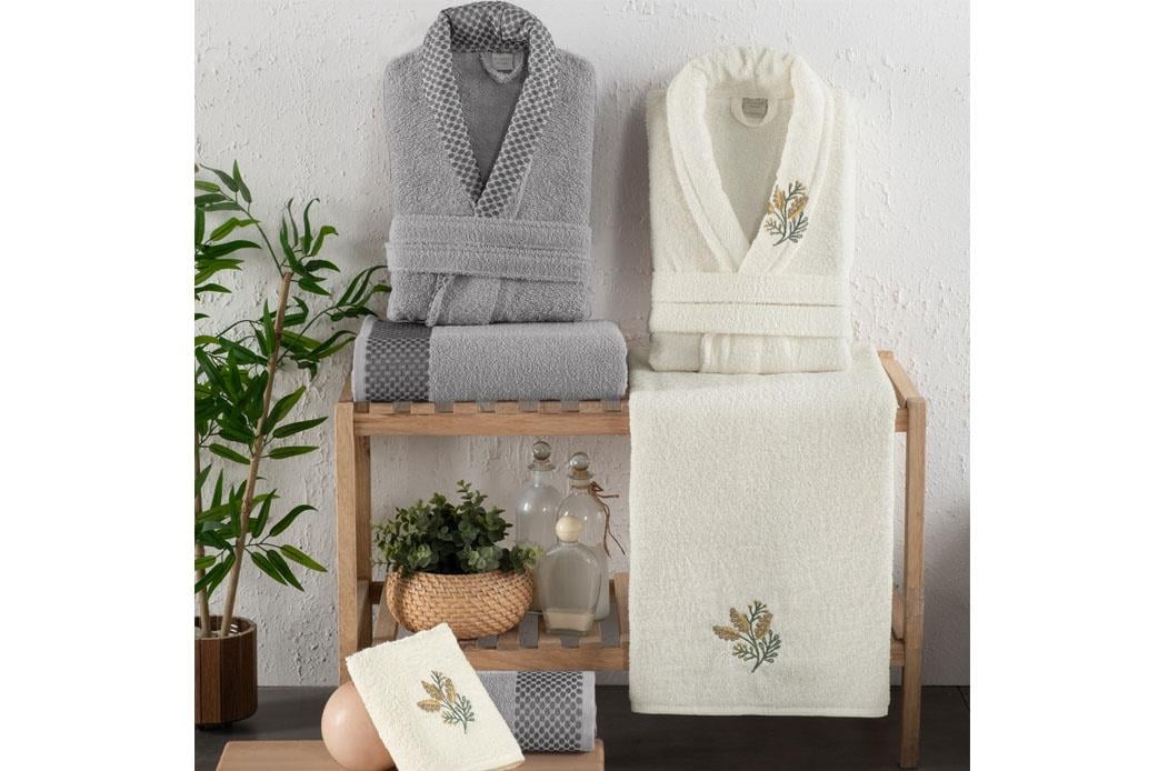 Schafer Home Charm Nakışlı Banyo Seti 6 Parça-Ekru/Gri