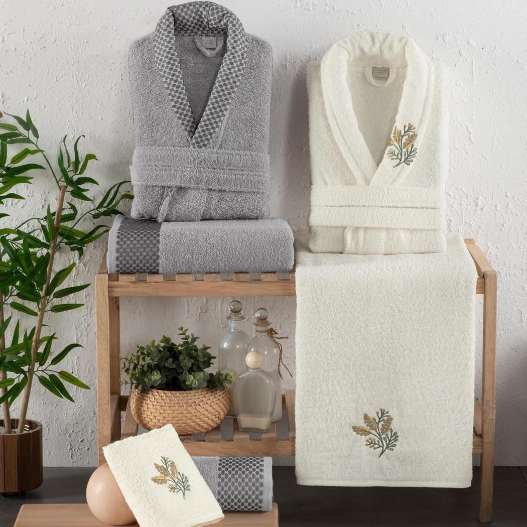 Schafer Home Charm Nakışlı Banyo Seti 6 Parça-Ekru/Gri