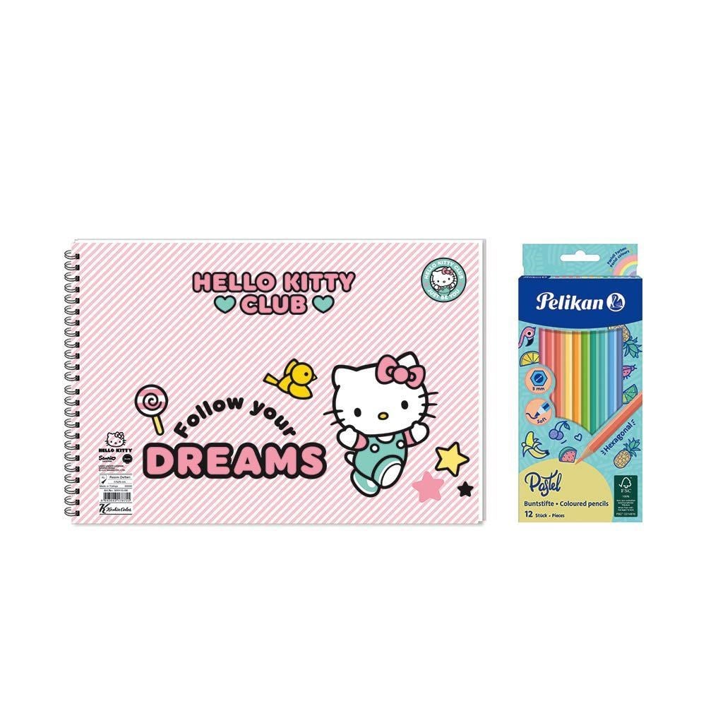 Hello Kitty 17x25  Spiralli Resim Defteri  - Pelikan Pastel Renkler 12li Kuru Boya 2'li Set 2